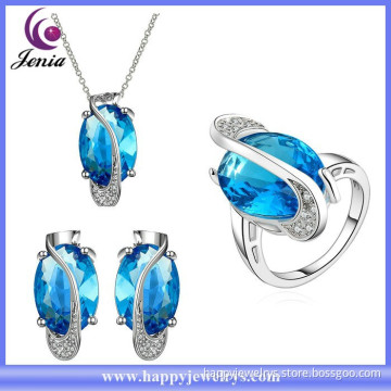 Unique oval shaped blue zircon earring ,ring ,pendant jewelry set gold plated imitation jewelry set (KFVRS012)